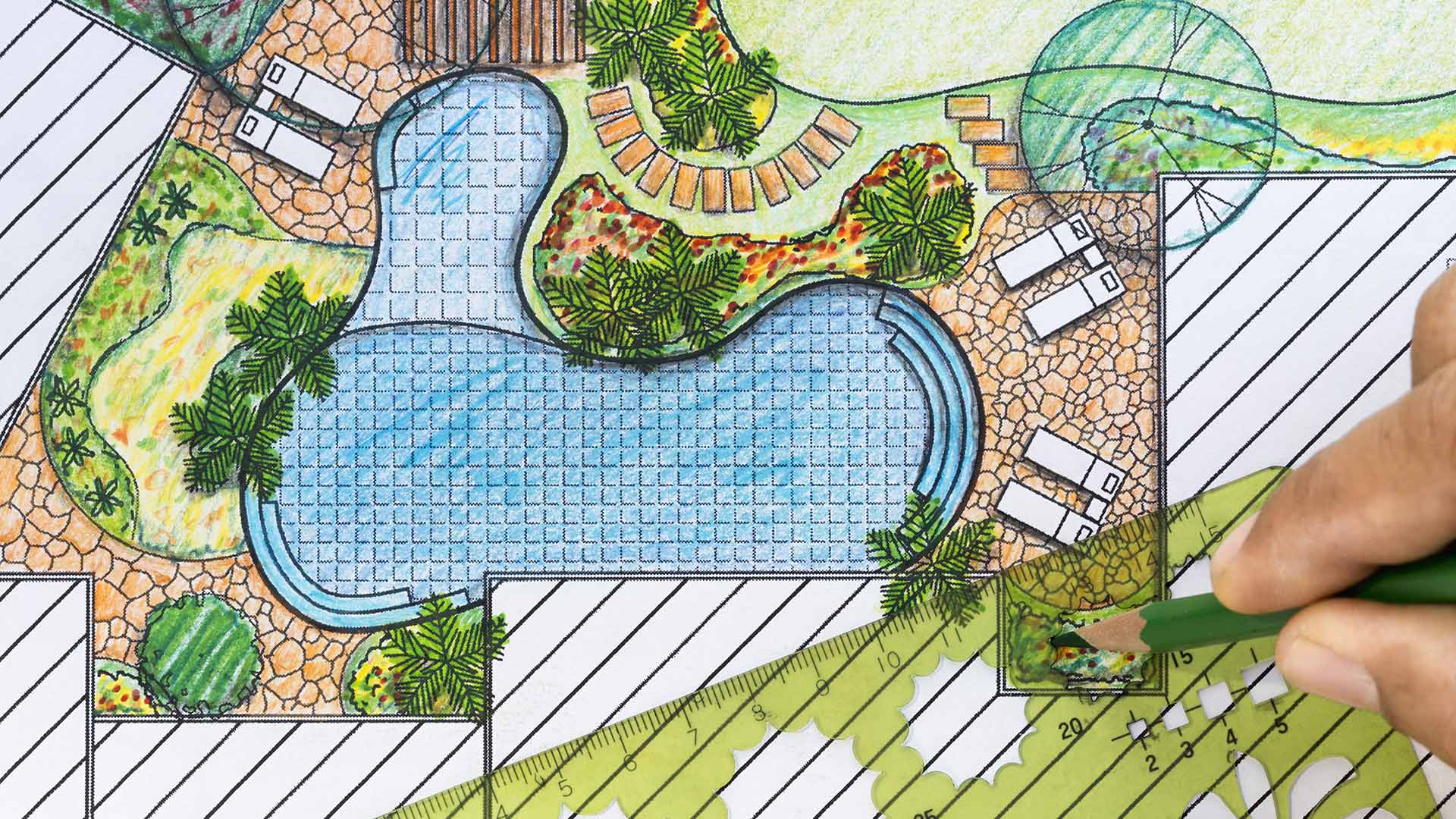 2D design rendering of a backyard with landscaping in Phoenix, AZ.