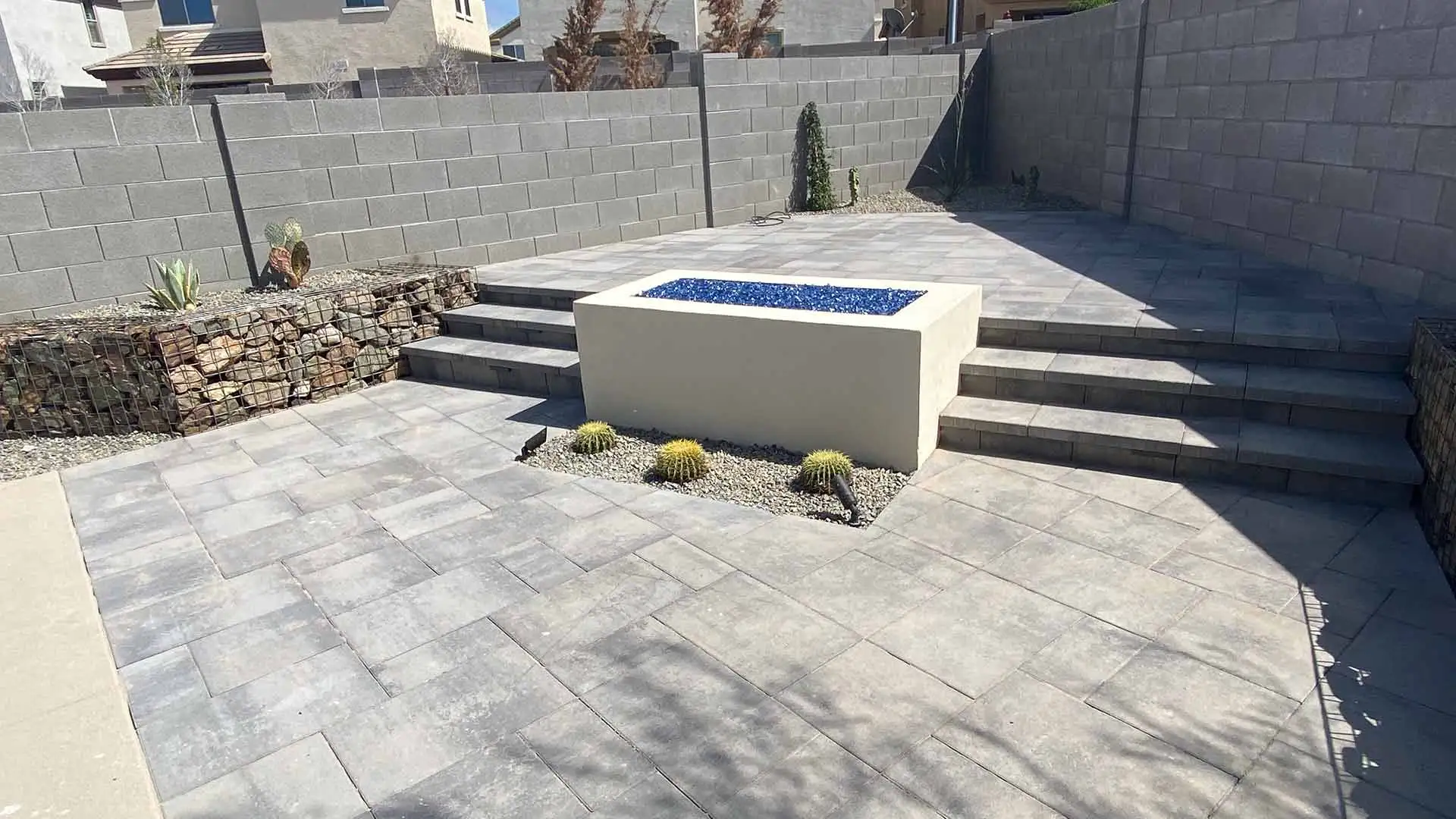 Custom patio and outdoor steps with fire pit in Scottsdale, AZ.