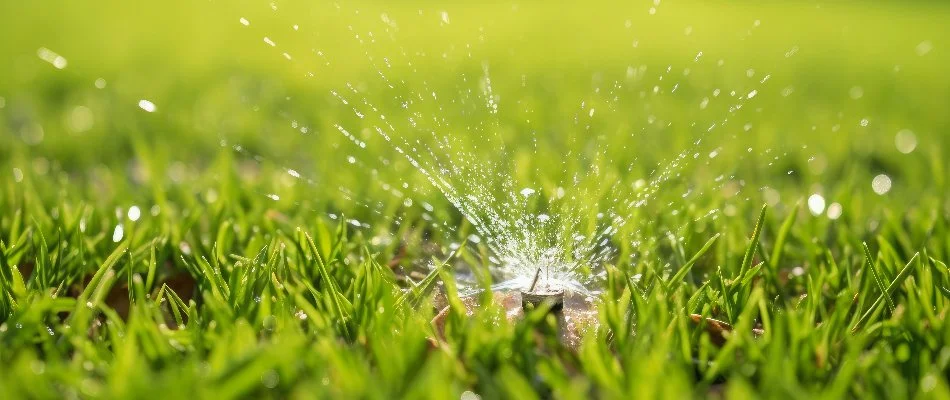 Broken sprinkler head in grass in Phoenix, AZ, with low water pressure.