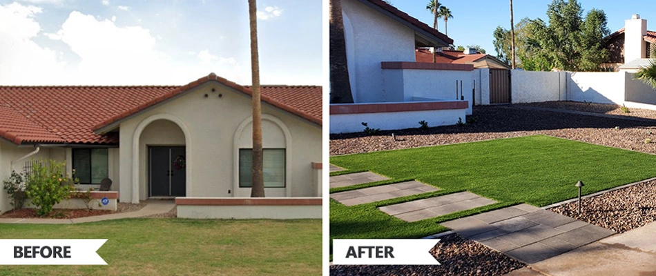 A before and after product of artificial turf in Scottsdale, AZ.