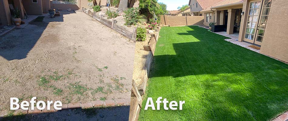Before and after a new sod installation at a home in Glendale, AZ.
