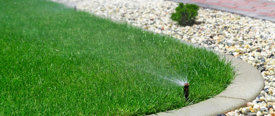 Irrigation sprinkler installed beside a rock landscape bed in Peoria, AZ.