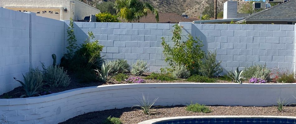 Retaining wall built by pool side with landscape bed in Phoenix, AZ.