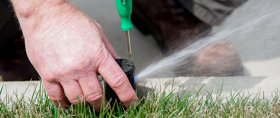 Technician repairing sprinkler in a lawn in Glendale, AZ.